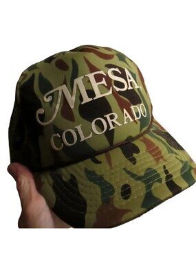 True Vintage Skater Cap Hat Mesa Colorado Camo Mesh Trucker 1980's